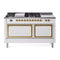 ILVE Nostalgie II Noblesse 60-Inch 5.8 Cu. Ft. Dual Oven Propane Gas Dual Fuel Range with 7 Burners, Griddle, French Top and Solid Door in White with Brass Trim (UN60FSQNMPWHGLP)