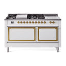 White dual fuel range with brass-trim French-top, sealed burners, and front control knobs