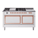 White dual fuel range with copper-trim griddle and sealed burners; solid door oven