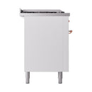 White solid oven door with copper handle and four metal legs