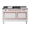 ILVE Nostalgie II Noblesse 60-Inch 5.8 Cu. Ft. Dual Oven Natural Gas Dual Fuel Range with 7 Burners, Griddle, French Top and Solid Door in White with Copper Trim (UN60FSQNMPWHP)