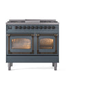 ILVE blue grey dual fuel range with bronze trim, two glass oven doors with warm-lit interiors