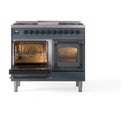 ILVE blue grey dual fuel range with left oven door open, right glass door closed, bronze handles