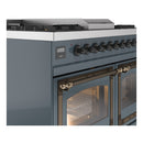 ILVE blue grey dual fuel range side view with control knobs and bronze-trimmed oven door