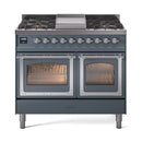 ILVE blue grey dual fuel range front view with two lit oven windows and top gas burners
