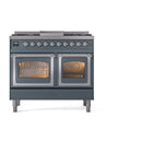 ILVE blue grey dual fuel range with two glass oven doors and chrome-trimmed control knobs