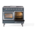 ILVE blue grey dual fuel range with right oven door open and left oven door closed with window