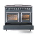 ILVE blue grey dual fuel range with two glass-front ovens, both interiors lit, chrome accents
