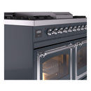 ILVE blue grey range close-up of control knobs and open oven door with lit interior rack
