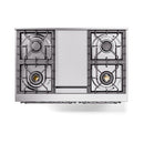 ILVE blue grey cooktop with four cast-iron burner grates and a central flat griddle panel