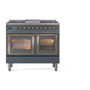 ILVE blue grey dual fuel range with brass-trimmed dual ovens and two glass oven doors