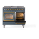 Blue grey dual fuel range with right oven door ajar, brass handle trim, front view