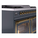 ILVE blue grey range side view with brass oven handle and open glass oven door
