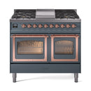 Blue grey gas range with copper trim, both oven doors open with lit interiors