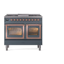 Blue gray dual fuel range with double oven doors and copper trim, front view.
