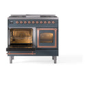 Blue gray dual fuel range with right oven open and copper handle detail, angled front.