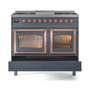 Blue gray dual fuel range with two glass oven doors closed and copper trim, front view.