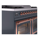 Blue gray range control panel with copper knob accents and lit oven window, close-up.