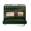 Emerald green dual fuel range front with triple-glass oven doors and bronze trim