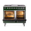 Emerald green range with dual open ovens showing racks behind glass doors
