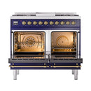 Dual oven doors open with brass-trimmed interiors and baking racks inside