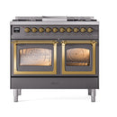Matte graphite dual fuel range with brass-trimmed double oven windows and control panel