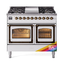 Front view dual fuel gas range with two oven windows and bronze control trim