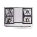 ILVE dual fuel gas range underside view with four burners and center control panel