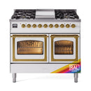 Dual fuel gas range with brass-trim oven doors and front control knobs