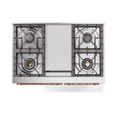 Stainless dual fuel range top with four cast-iron burner grates and central control panel