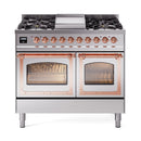 Stainless steel range with four burner grates, two oven windows, and copper trim