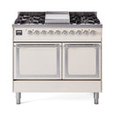 Antique white gas dual fuel range with chrome-trimmed double oven doors and knobs