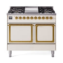 ILVE dual fuel range in antique white with brass trim, closed double oven doors
