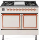 Antique white gas dual-fuel range with copper trim, two solid oven doors