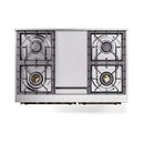 Gas range cooktop with black grates and center control panel, four burners visible