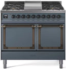 Blue grey gas range with solid doors, dual burners and bronze trim, front view