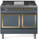 Blue grey gas range with brass-trimmed oven doors and control knobs