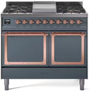 Blue grey gas dual-fuel range with solid oven doors, copper trim, and control knobs