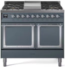 Blue grey gas dual-fuel range with chrome knobs, two glass oven doors, and stovetop burners
