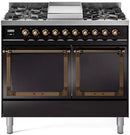 Glossy black gas range with bronze trim, two solid oven doors and front control knobs