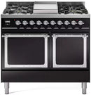 Glossy black dual-fuel range with chrome-trimmed control panel and two glass oven doors