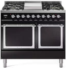 Glossy black dual-fuel range with chrome trim, dual glass oven doors and control knobs