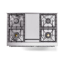 Stainless burner layout on a dual-fuel range cooktop with central control panel