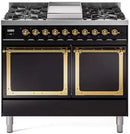Glossy black dual fuel gas range with brass-trim doors and front burner control knobs