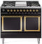 ILVE Nostalgie II Noblesse 40-Inch 4.3 Cu. Ft. Dual Oven Propane Gas Dual Fuel Range with 6 Burners, Griddle and Solid Door in Glossy Black with Brass Trim (UND40FQNMPBKGLP)