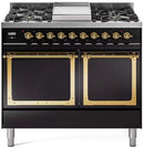 Glossy black dual-fuel range with brass-trim ovens and 4-burner cooktop, knob controls