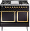 ILVE Nostalgie II Noblesse 40-Inch 4.3 Cu. Ft. Dual Oven Natural Gas Dual Fuel Range with 6 Burners, Griddle and Solid Door in Glossy Black with Brass Trim (UND40FQNMPBKG)