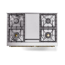 Black cooktop grates on dual-fuel range with central cover panel between four burners