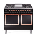 Glossy black dual fuel gas range with copper trim, solid oven doors, and 4 burners