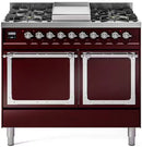 ILVE burgundy dual fuel range with chrome trim, two solid oven doors and burner knobs